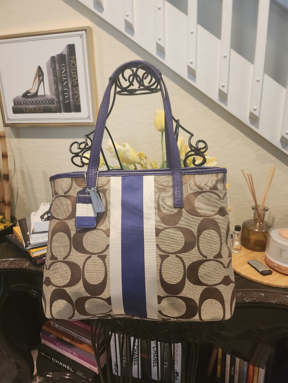 Coach Hamptons purple Signature Stripe tote bag